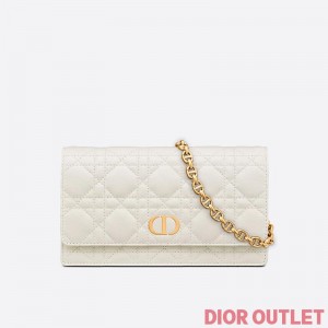 Dior Caro Belt Pouch with Chain Cannage Calfskin White