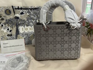 Dior Lady Dior Bag 24CM Strass Cannage Satin Grey